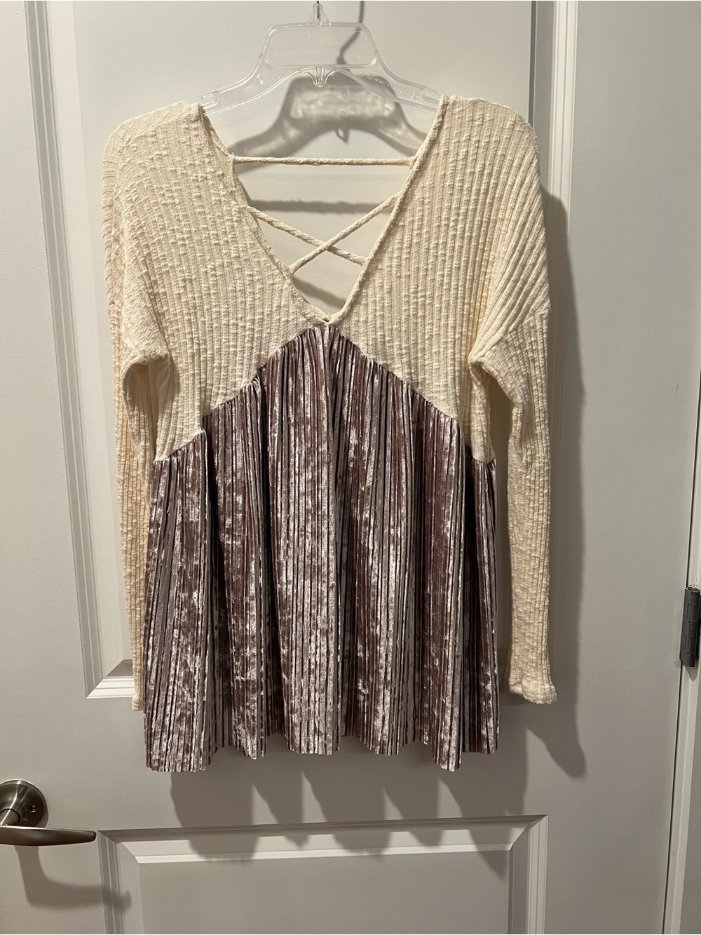 Hummingbird Two-Tone Crisscross Long Sleeve Top - Cream & Mauve